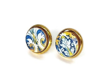 Portuguese round tile earrings Portugal round jewelry Blue gold round studs Vintage tile earrings Retro blue yellow tile studs