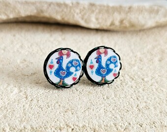 Portugal Rooster Stud Earring Galo Green Earring Portuguese Traditional Small Round Stud Blue Red Earring Europe Travel Rooster Jewelry Gift