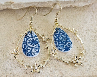 Portugal Blue Tile Gold Teardrop Earring Portuguese Jewelry Mother Pearl Earring Azulejo Pattern Historical Jewelry Blue Tile Gold Teardrop