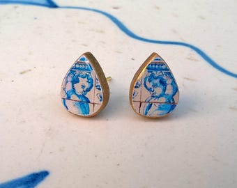 Teardrop Angel Stud Earrings Portuguese tiles Small Teardrops Angel Azulejo studs Small Teardrop Blue Earrings Cherub Pin Earrings