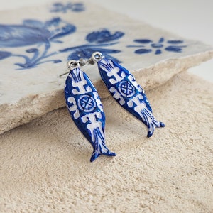 Orecchini Sardine Portogallo Orecchini Azulejo Blu Orecchini Pendenti Piastrelle Portoghesi Gioielli Piastrelle Portoghesi Orecchini Pesce Oro Blu Orecchini Piastrelle Goffrate Argilla