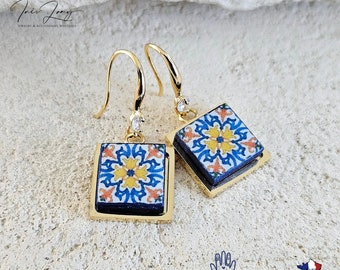 Portugal Azulejo Earring Portuguese Tile Drop Earring Square Geometric Earring Majolica Blue Gold Tile Handmade Jewelry Gift Mom Wife Gift