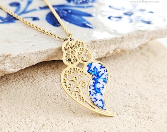 GOLD Filigree Viana Heart Necklace Stainless Steel Pendant Blue Azulejo Heart Handmade Jewelry Gift Portuguese Tile Inspired