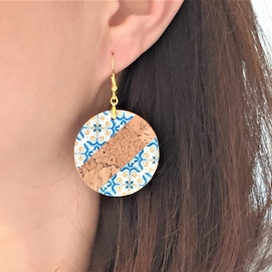 Round Large Tile Wood & Cork Earrings Portuguese Antique Tiles Earrings Gold Oversized Earrings Cork Geometric Round Earrings