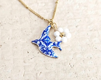 Swallow Portugal Tile Pattern Necklace Blue White Tile Enamel STEEL Pendant Gold Jewelry Gift Flower Spring Natural Stone Layering Necklace