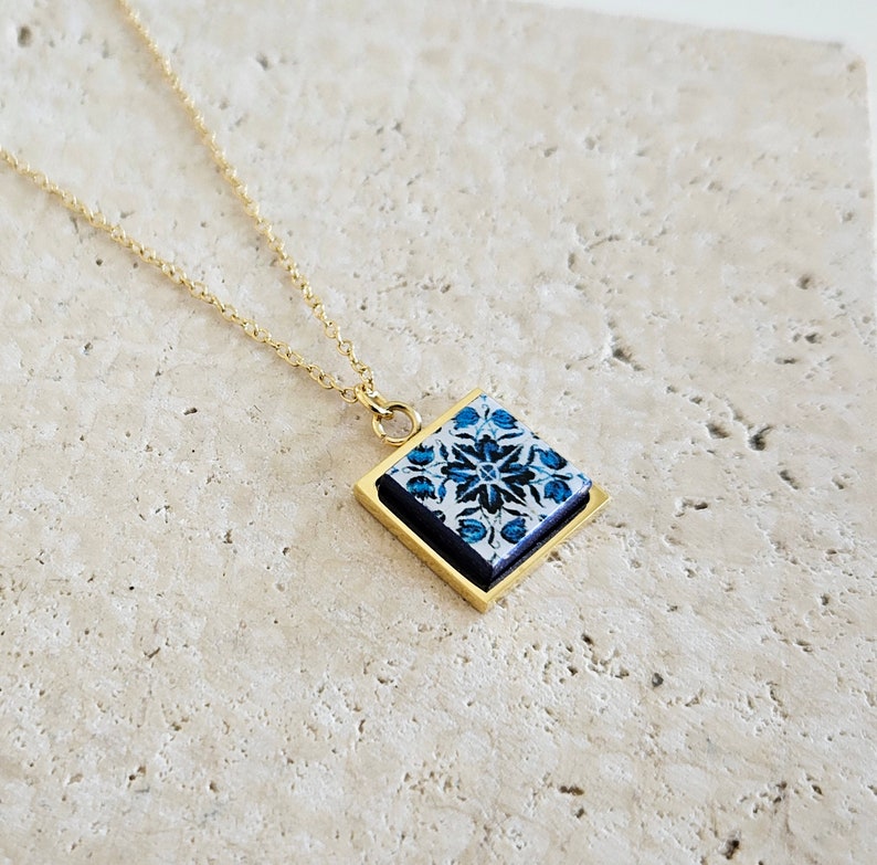 GOLD Porto Tile Charm Necklace Portuguese Blue White Tile Azulejo Gold Pendant Steel Square Necklace Tile Portugal Gift Handmade Souvenir image 3