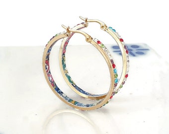 Rainbow Tiles HOOPS GOLD Steel Mexican Tile Earrings Sparkly CZ Pave Zircons Lightweight Gold Hoops Multicolored Fashion Hoops Handmade