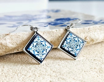 Blue Tile Diamond Shape Earring Silver Steel Dangle Earring Majolica Tile Earring Handmade Jewelry Gift Boho Earring Mom Gift Travel Gift