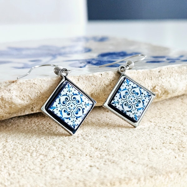 Blue Tile Diamond Shape Earring Silver Steel Dangle Earring Majolica Tile Earring Handmade Jewelry Gift Boho Earring Mom Gift Travel Gift