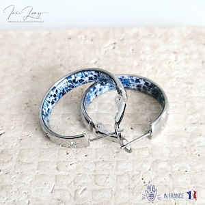 Antique BLUE Tile Large HOOP Earring Blue Flower Silver STEEL Azulejo Silver Hoop Historical Jewelry Anniversary Women Handmade Fashion Gift
