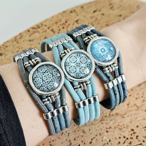 Blue CORK Bracelet Portuguese Tiles Bracelet Silver Cabochon Vegan Cork Strand Bracelet Eco Friendly Jewelry Gift Anniversary Vegan Gift