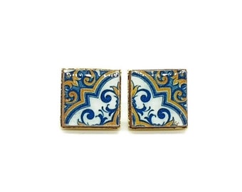 Portugal majolica tiles square stud earrings Small azulejo tile earrings Retro Tiles Studs Summery Tiles Gold and blue small earrings