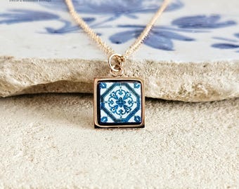 ROSE GOLD Lisbon Tile Charm Necklace Blue White Tile Portugal Azulejo Gold Pendant Steel Square Necklace Tile Portugal Handmade Mom Gift