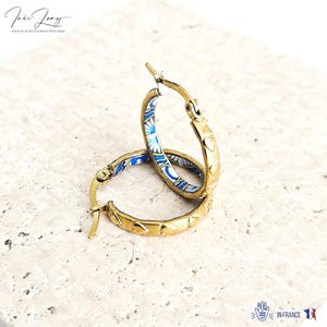 GOLD Etched Heart Hoop Earring Yellow Blue Inlay Tile Hoop Portuguese Tile Jewelry Anniversary Birthday Woman Gift Stainless Steel 22mm|0.9"