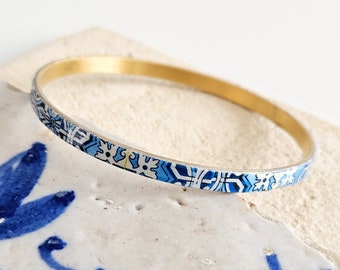 Portugal Azulejo Bangle Portuguese Tile Bracelet Boho Blue Jewelry Blue White Bangle Ceramic Tile Pattern Thin Bangle Anniversary Woman Gift