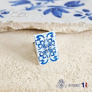 Rectangular Tile STEEL Ring Portuguese Blue White Tile Adjustable Ring Band Statement Handmade Jewelry Geometric Ring Portugal Travel Gift