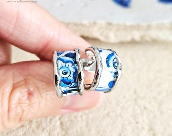Portugal Tile Small HOOP Earring Flat Silver Hoop Stainless STEEL Hoop Earring Antique Blue Tile Portuguese Porto Travel Birthday Gift
