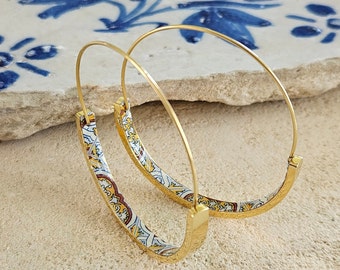 Gold Orange Red HOOP Tile Earring Portugal STAINLESS STEEL Azulejo Lightweight Hoops Gold Historical Jewelry Women Anniversary Gift Travel