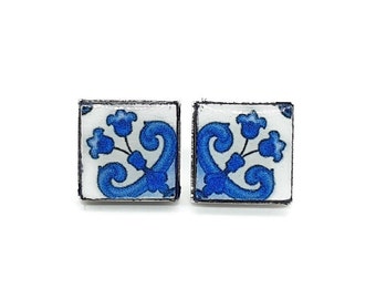 Portuguese majolica earrings Floral azulejo studs Blue white tile earrings small square tiles Portuguese Summer gifts idea Retro Tiles