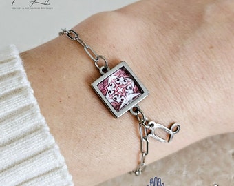 Personalized Tile Charm Bracelet Zodiac Sign Small Square Portuguese Azulejo Silver STEEL Bracelet Handmade Birthday Gift Paperclip Bracelet