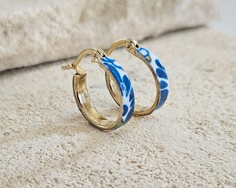 Small Gold HOOP Tile Earrings STEEL Blue Mexican Flower Tiles Delicate Flat Hoops Women Gift Historical Jewelry Anniversary Gift