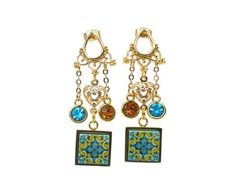 Portugal baroque earrings Dainty Elegant Azulejo Earrings Gold Titanium Steel Chandelier Turquoise Earrings Gold Filled Heart Earrings