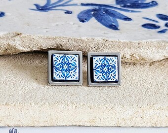 Small Antique Tile Silver STEEL Post Earring Portuguese Tile Square Blue White Geometric Gift Azulejo Jewelry Handmade Travel Gift Souvenir