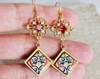 RED Baroque Royal Dangle Earring Majolica Portugal Tile GOLD Earring Handmade Diamond Square Jewelry Boho Gift for Mom Travel Souvenir Gift