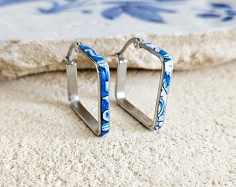 BLUE Square Silver HOOP Tile Earring Blue Portugal Thin STEEL Azulejo Delicate Small Hoop Fashion Gift Birthday Jewelry Gift for Her