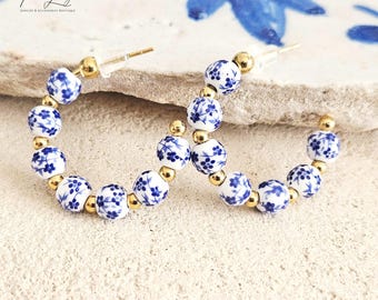 Ceramic Beads Small Hoop Earring Porcelain Ceramic Globe Earrings Blue White Flower Jewelry Blue Flower Bead Earring Round Pottery Pearls