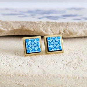 GOLD BLUE Tile Stud Earring Portugal Stainless STEEL Azulejo Minimalist Delicate Stud Earring Historical Jewelry Anniversary Gift for Her