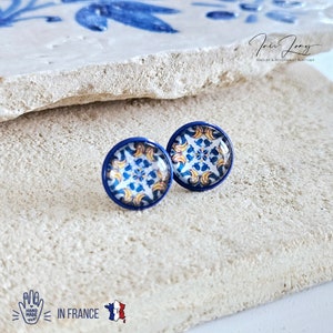 Portuguese Tile Post Earring Blue Azulejo Small Glass Round Vintage Tile Wife Gift Portugal Travel Gift Jewelry Best Friend Anniversary Gift