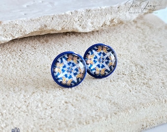 Portuguese Tile Post Earring Blue Azulejo Small Glass Round Vintage Tile Wife Gift Portugal Travel Gift Jewelry Best Friend Anniversary Gift