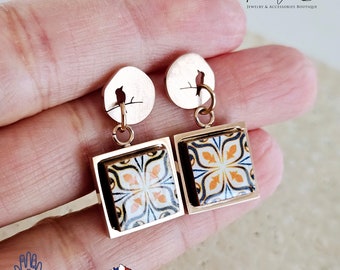 Rose Gold Portugal Tile Steel Post Earring Rose Tile Gold Jewelry Gift Portuguese Heritage Drop Earring Gift European Mediterranean Tiles