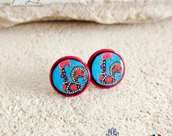 Turquoise Red Rooster Red Post Stud Earring Barcelos Rooster Portuguese Heritage Galo Folklore Round Earring Handmade Birthday Gift for Her