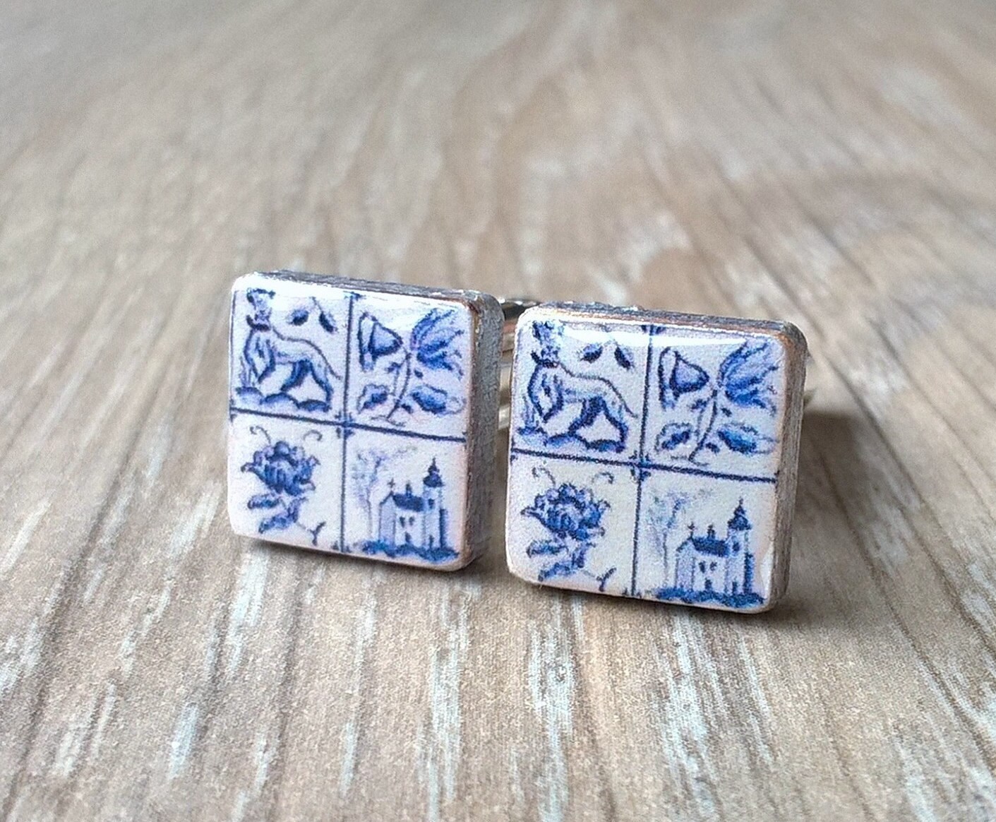 Delft Blue cufflinks Portuguese tiles cufflinks square small | Etsy