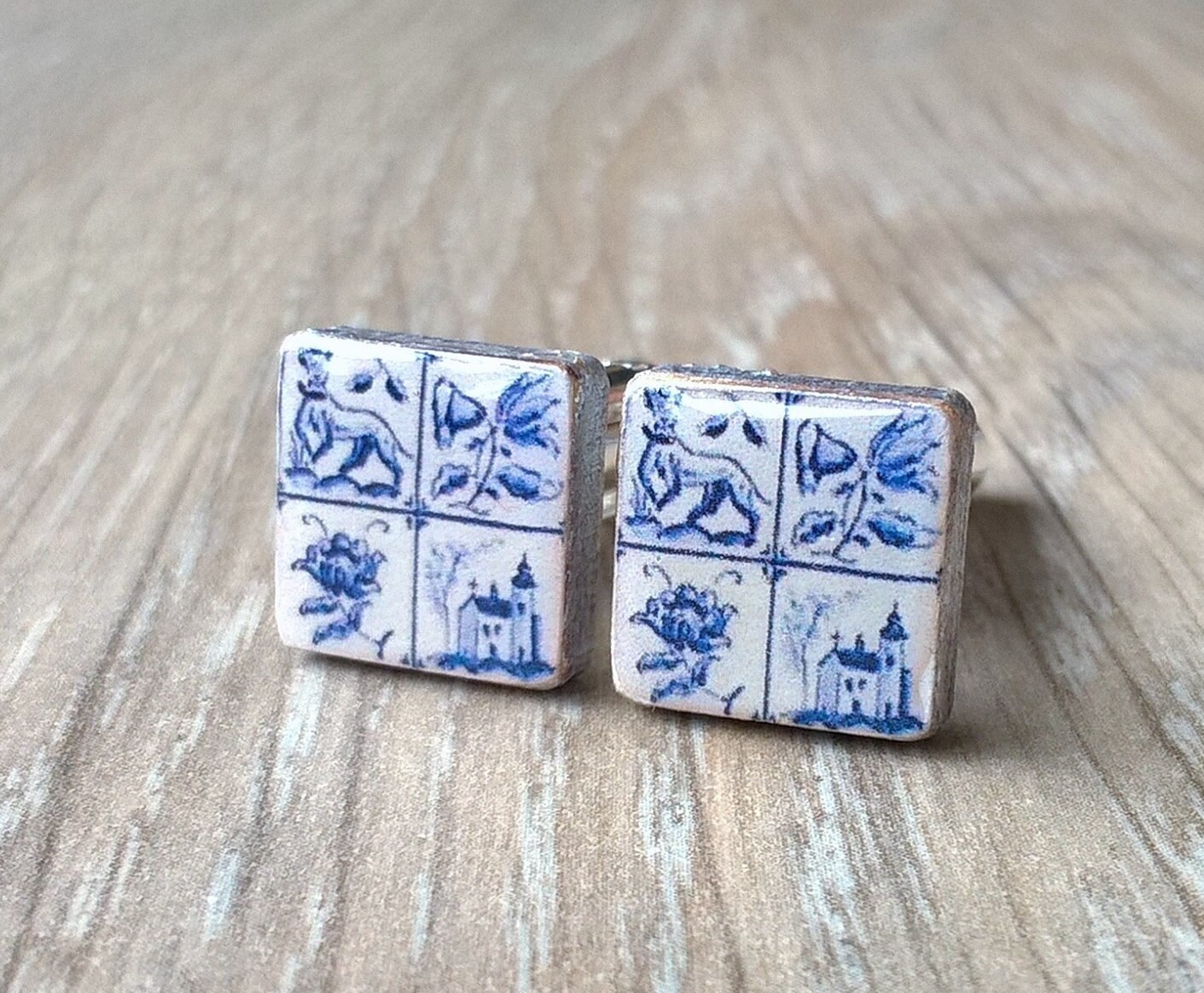 Delft Blue cufflinks Portuguese tiles cufflinks square small Etsy