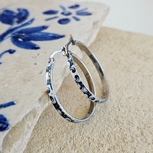 Portugal Tile Thin HOOP Earring Flat SILVER Hoop Stainless STEEL Hoop Earring Vintage Tile Portuguese Hoop Lisbon Gift Travel Coimbra Memoir