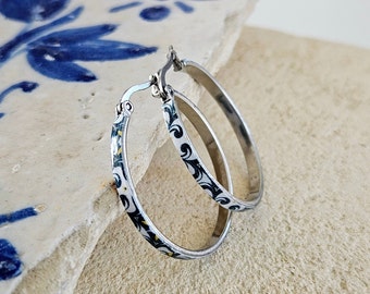 Portugal Tile Thin HOOP Earring Flat SILVER Hoop Stainless STEEL Hoop Earring Vintage Tile Portuguese Hoop Lisbon Gift Travel Coimbra Memoir