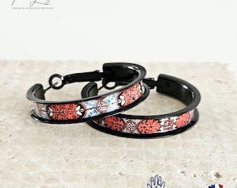 Black HOOP RED Tile Earring Portugal STEEL Lightweight Azulejo Delicate Flat Large Hoop Historical Gift Travel Jewelry Anniversary Gift