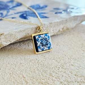 GOLD Porto Tile Charm Necklace Portuguese Blue White Tile Azulejo Gold Pendant Steel Square Necklace Tile Portugal Gift Handmade Souvenir image 2