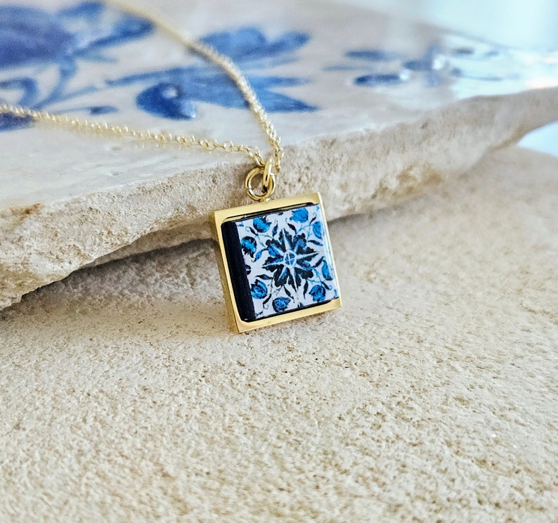 GOLD Porto Tile Charm Necklace Portuguese Blue White Tile Azulejo Gold Pendant Steel Square Necklace Tile Portugal Gift Handmade Souvenir image 2