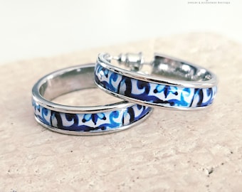 SILVER or GOLD Blue White Tile Earring Portugal STEEL Azulejo Flat Large Hoop Historical Gift Travel Jewelry Women Gift 2.8cm|1.10''