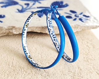 BLUE Flat HOOP Portugal Tile Earring Steel VINYL Azulejo Hoop Earring Historical Jewelry Travel Gift Portuguese Blue Yellow Tile 50mm|1.97''