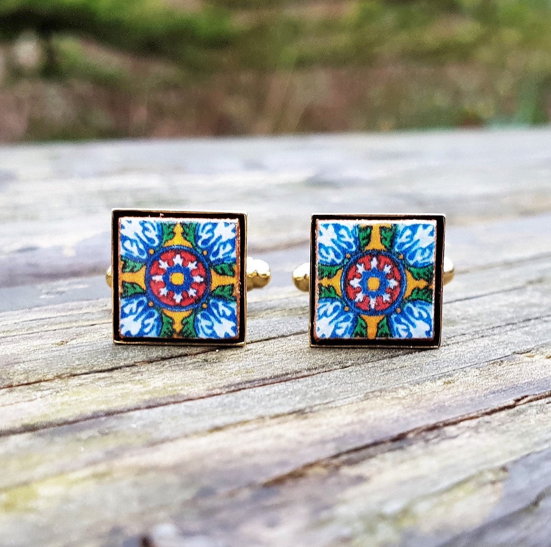 Mexican Tile Cufflinks Colorful Tiles Cufflinks Talavera Spanish Tile