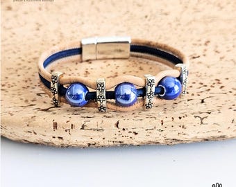 Natural CORK Bracelet Double Color Strand Ceramic Bead Bracelet Silver Vegan Cork Cord Bracelet Tree Bark Jewelry Anniversary Vegan Gift