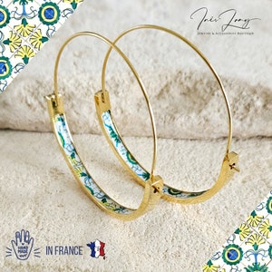 Green Yellow HOOP Tile Earring Portugal STAINLESS STEEL Azulejo Light Gold Hoop Historical Jewelry Anniversary Gift Women Portuguese Mom