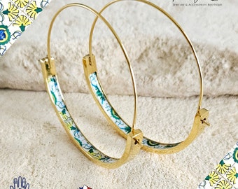 Green Yellow HOOP Tile Earring Portugal STAINLESS STEEL Azulejo Light Gold Hoop Historical Jewelry Anniversary Gift Women Portuguese Mom