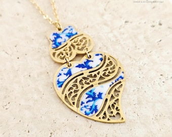 GOLD Filigree Viana Heart Necklace Stainless Steel Pendant Blue Azulejo Heart Handmade Jewelry Gift Portuguese Tile Inspired