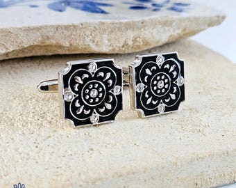 Portugal Tile Black Enamel Cufflink Azulejo Majolica Black White Steel Luxury Cufflink Portuguese Groom Wedding Corporate Suit Cufflink Gift